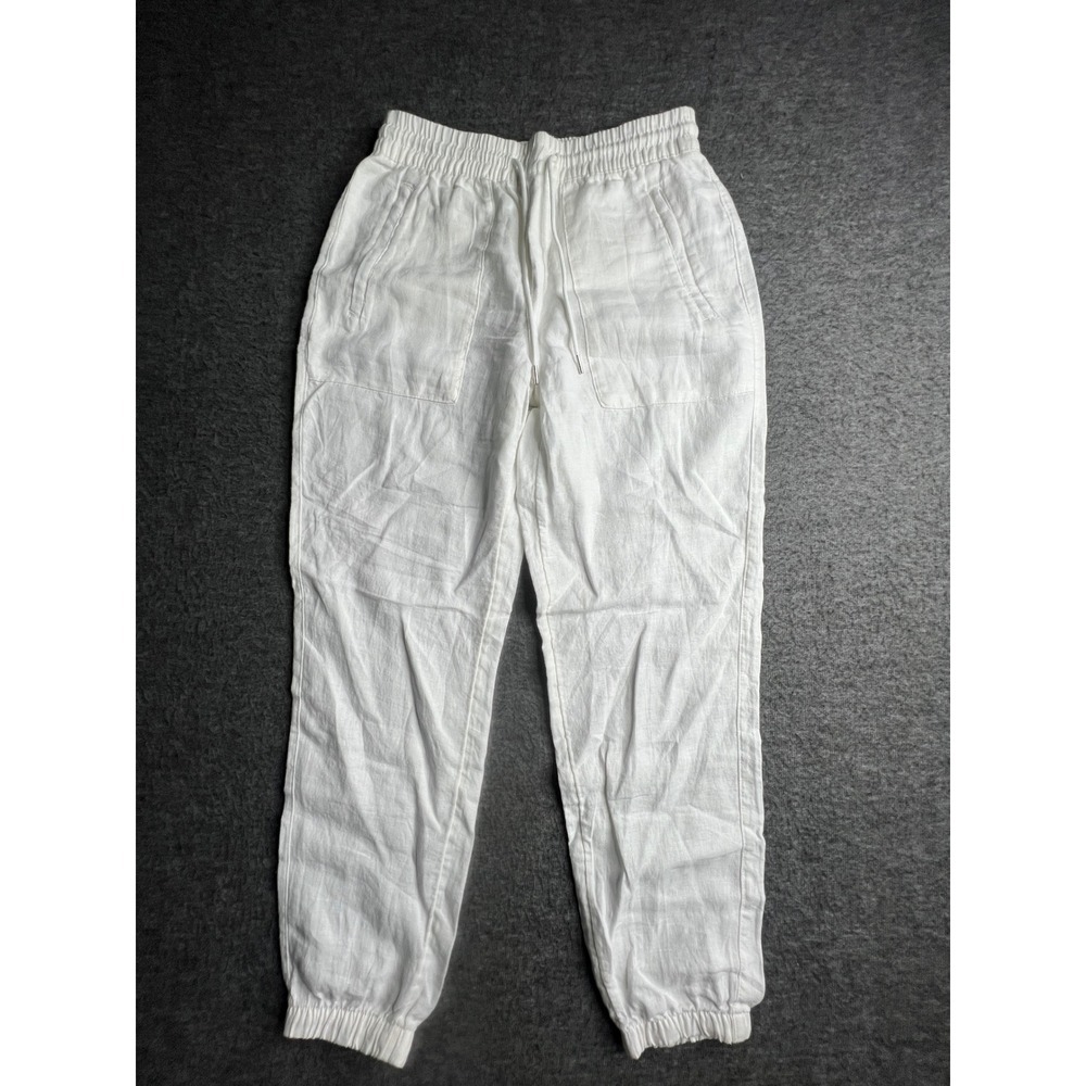 Athleta Women White 100% Linen Jogger Pants Elastic Waist Drawstring Size 2